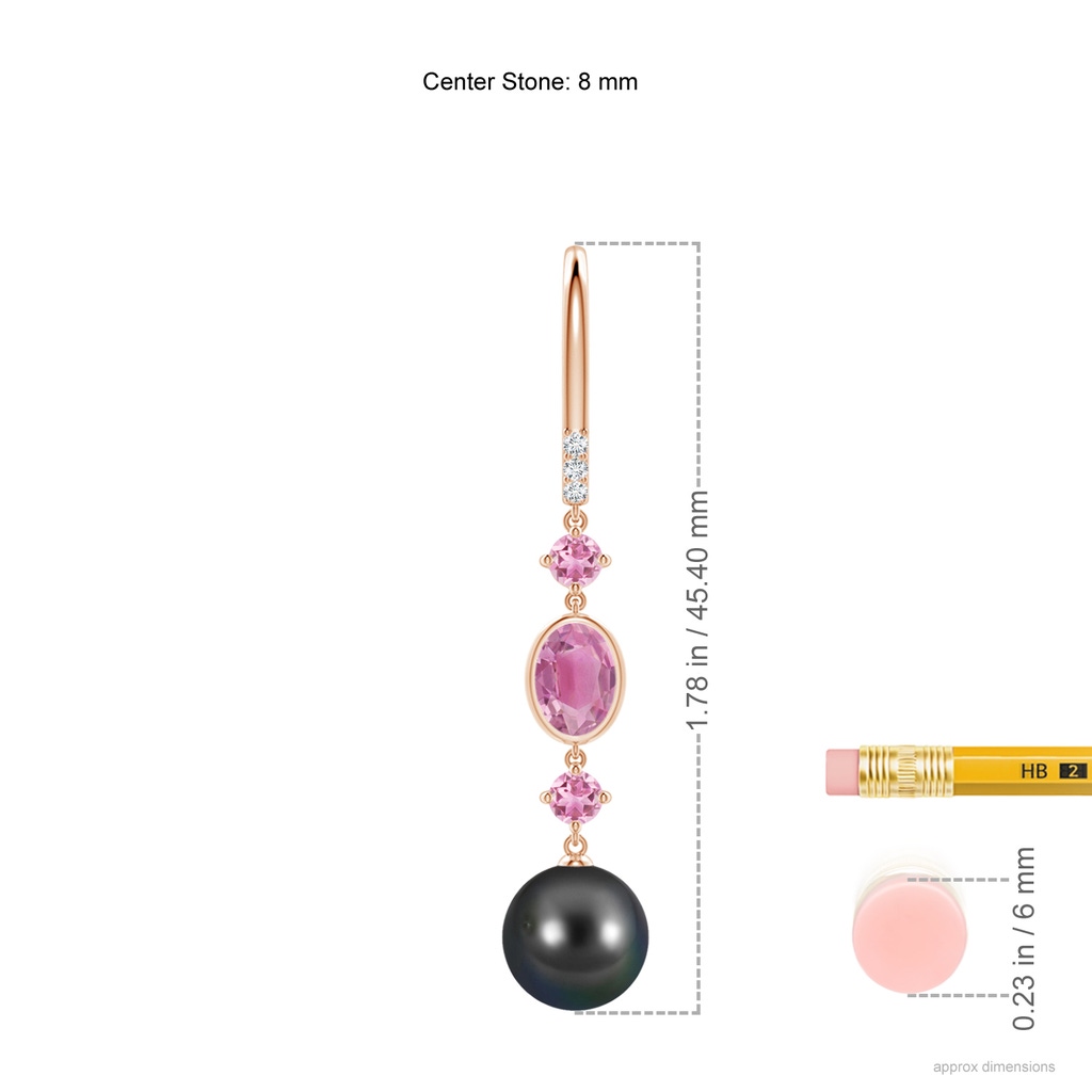 8mm AA Tahitian Pearl Earrings with Pink Tourmalines in Rose Gold Ruler