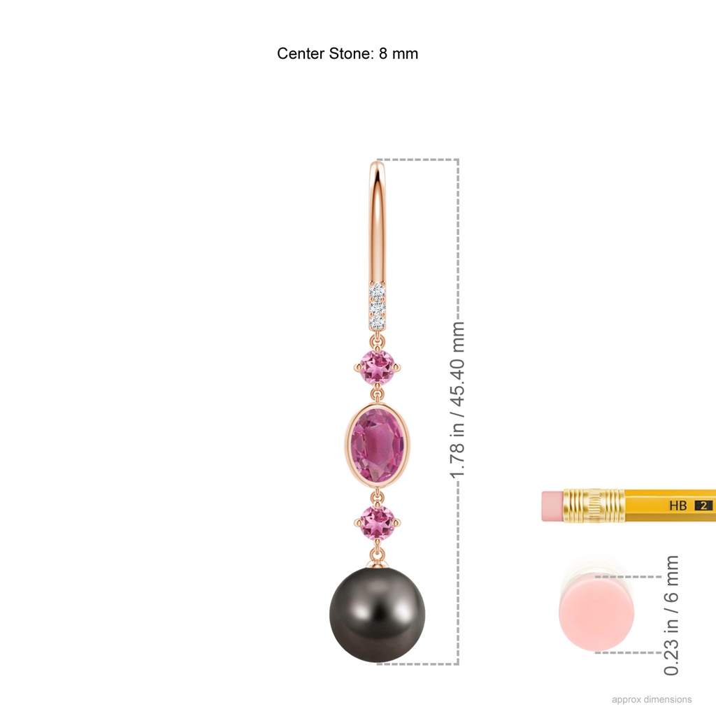 8mm AAA Tahitian Pearl Earrings with Pink Tourmalines in Rose Gold Ruler