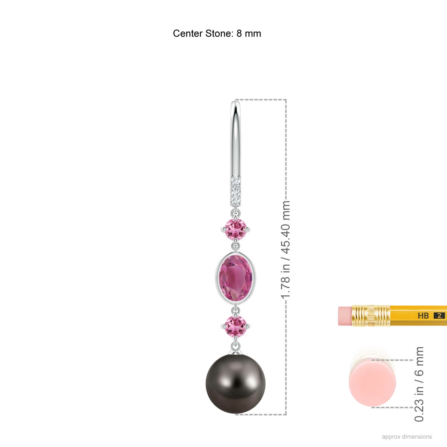 8mm AAA Tahitian Pearl Earrings with Pink Tourmalines in White Gold - ruler