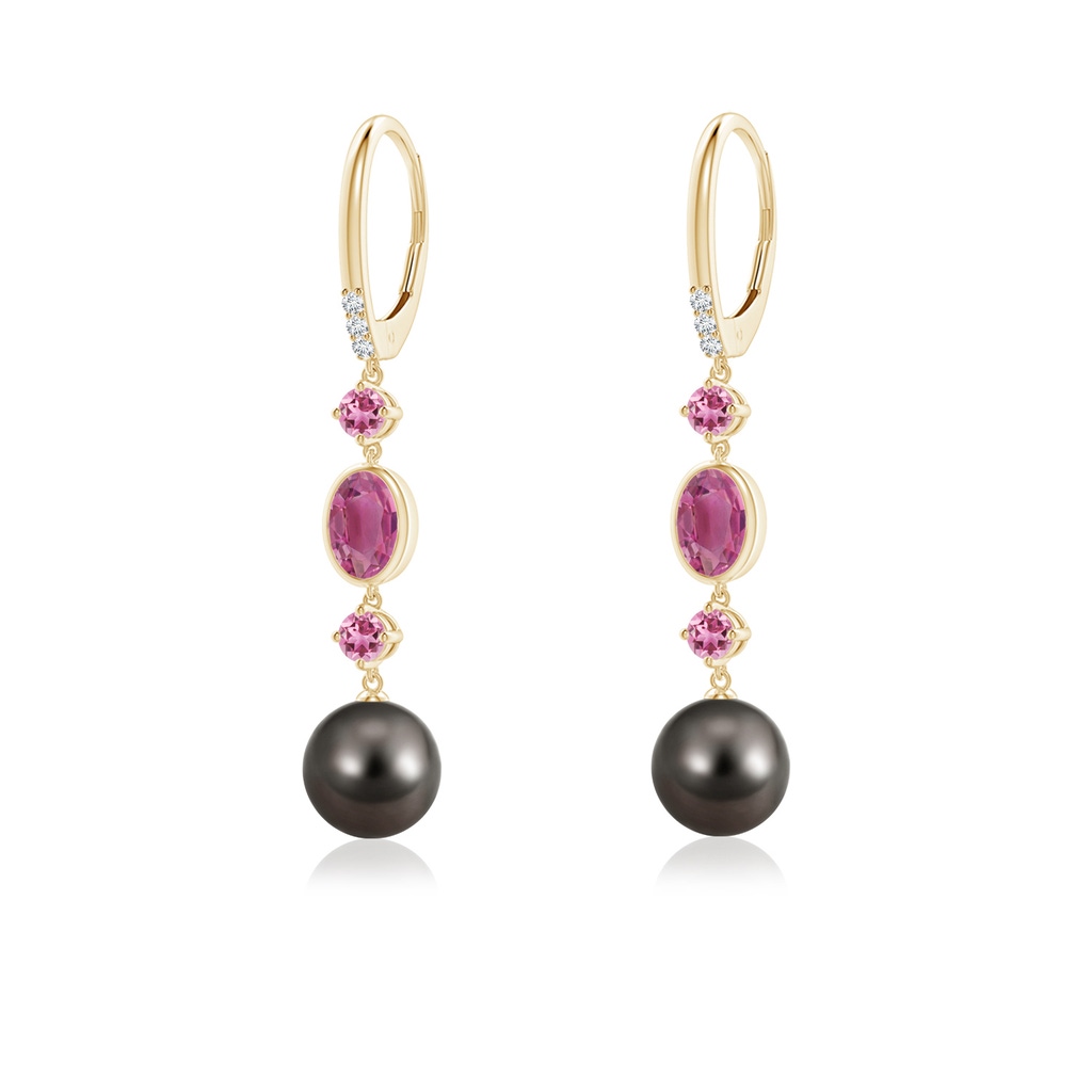 8mm AAA Tahitian Pearl Earrings with Pink Tourmalines in Yellow Gold