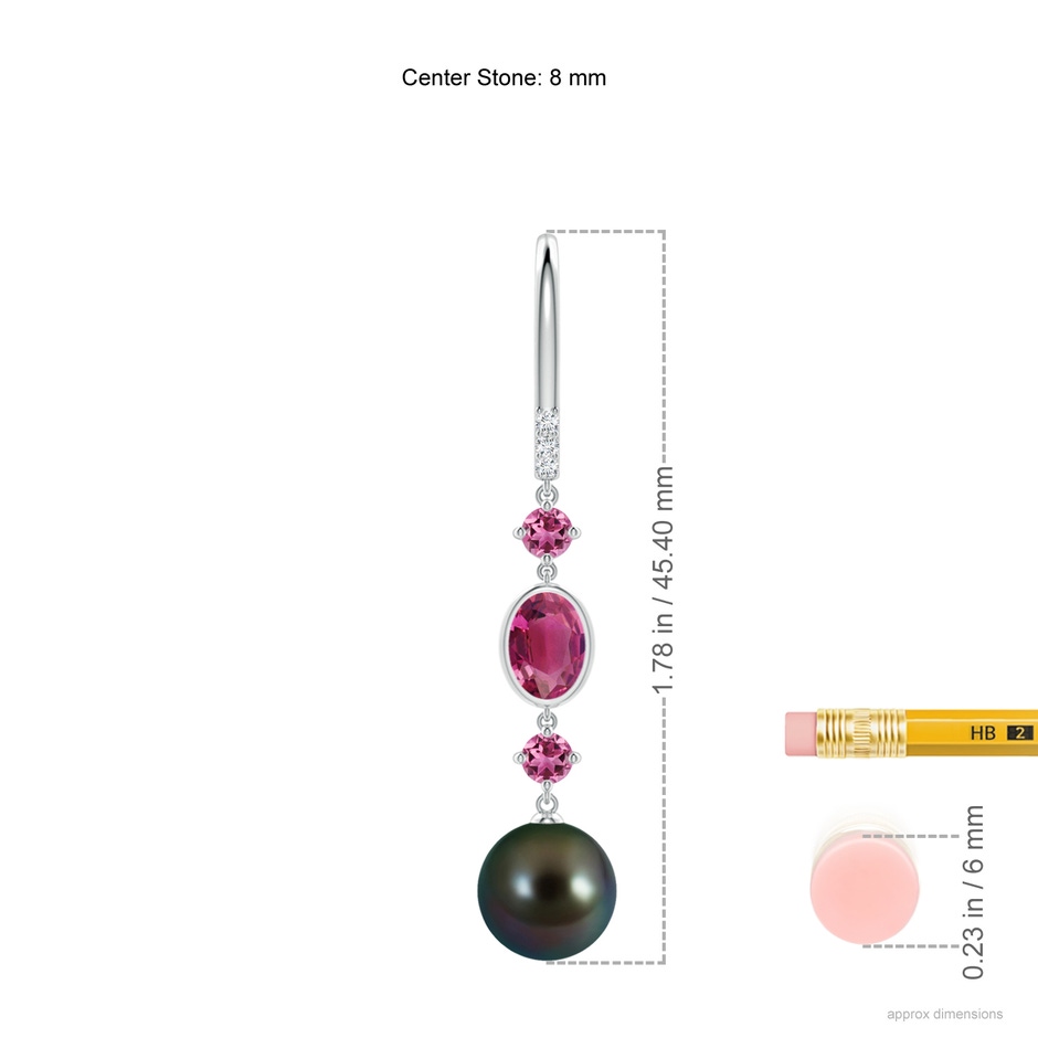 8mm AAAA Tahitian Pearl Earrings with Pink Tourmalines in White Gold ruler