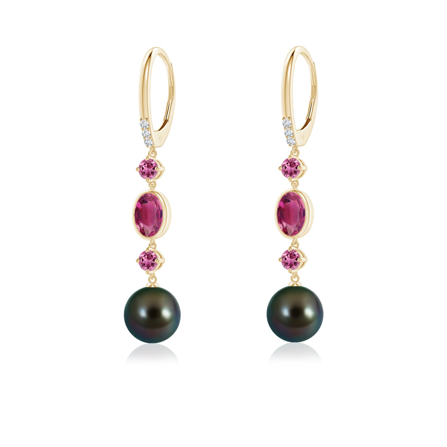 8mm AAAA Tahitian Pearl Earrings with Pink Tourmalines in Yellow Gold