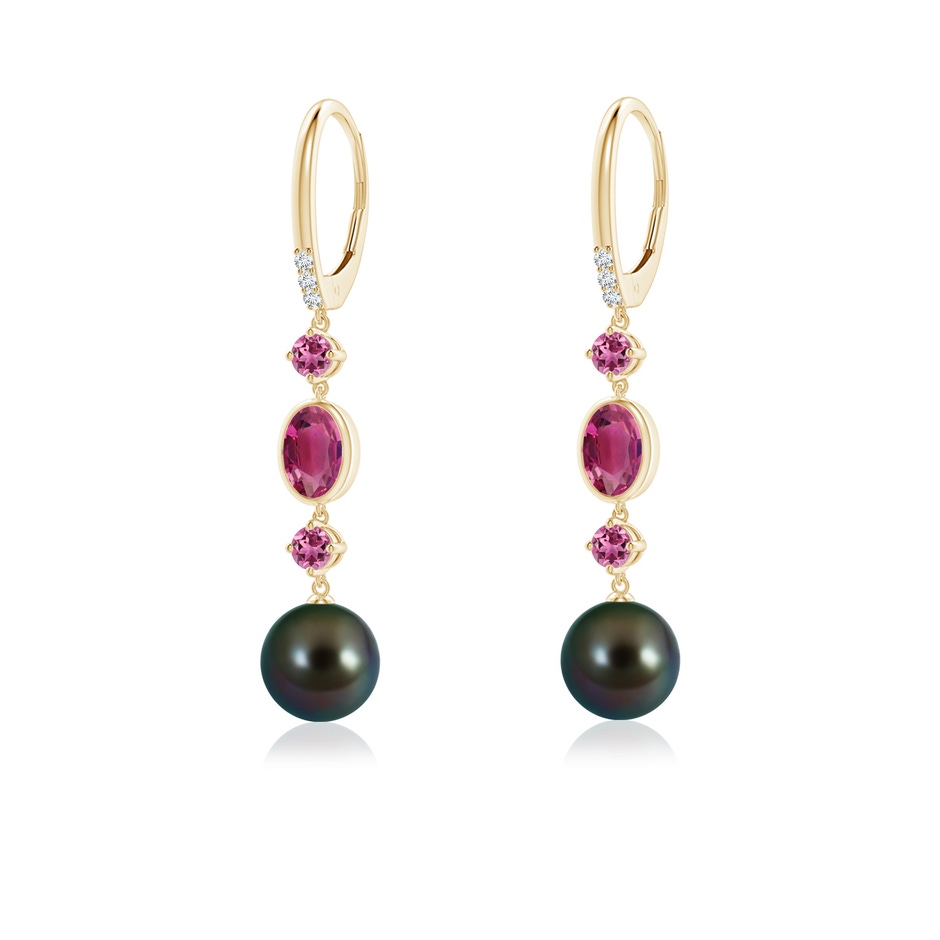8mm AAAA Tahitian Pearl Earrings with Pink Tourmalines in Yellow Gold 