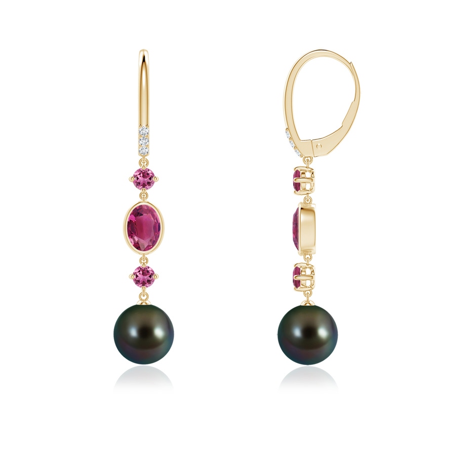 8mm AAAA Tahitian Pearl Earrings with Pink Tourmalines in Yellow Gold side-1