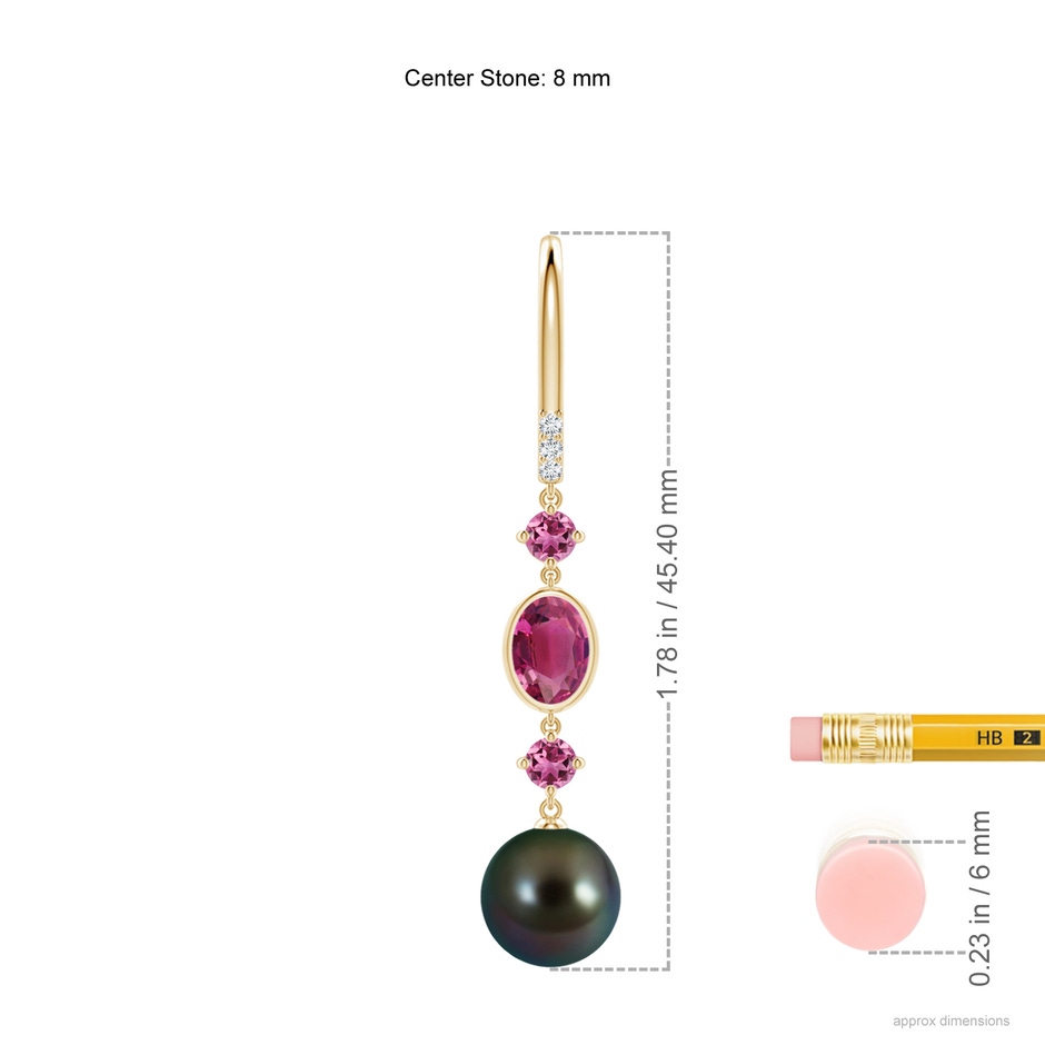 8mm AAAA Tahitian Pearl Earrings with Pink Tourmalines in Yellow Gold ruler