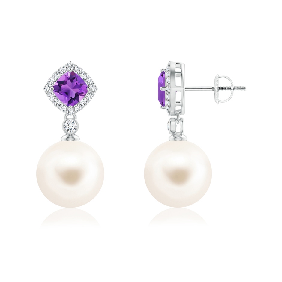 10mm AAA Amethyst & Freshwater Pearl Dangle Earrings in White Gold 