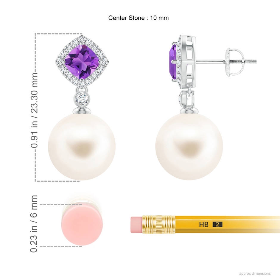 10mm AAA Amethyst & Freshwater Pearl Dangle Earrings in White Gold ruler