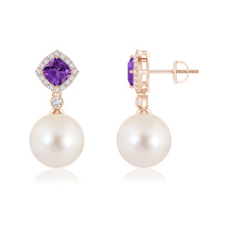 10mm AAAA Amethyst & Freshwater Pearl Dangle Earrings in Rose Gold