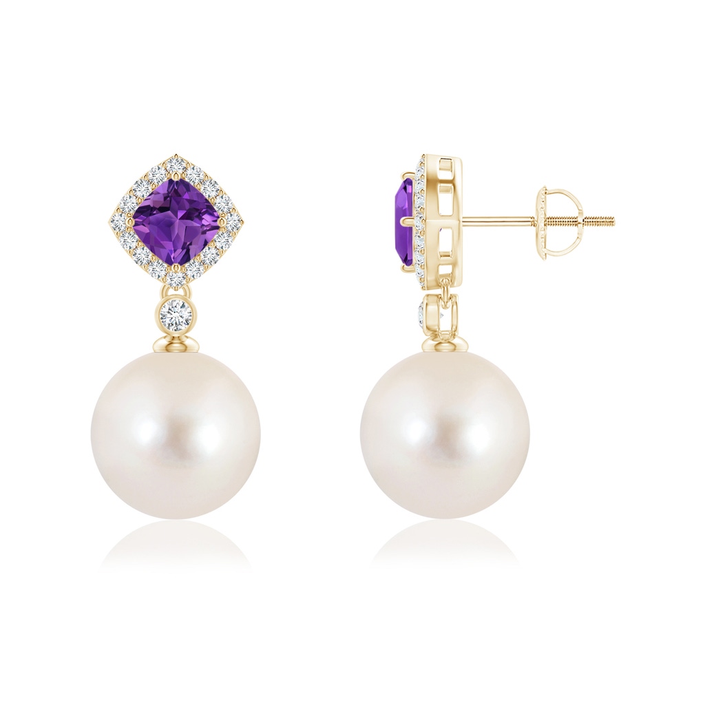 10mm AAAA Amethyst & Freshwater Pearl Dangle Earrings in Yellow Gold