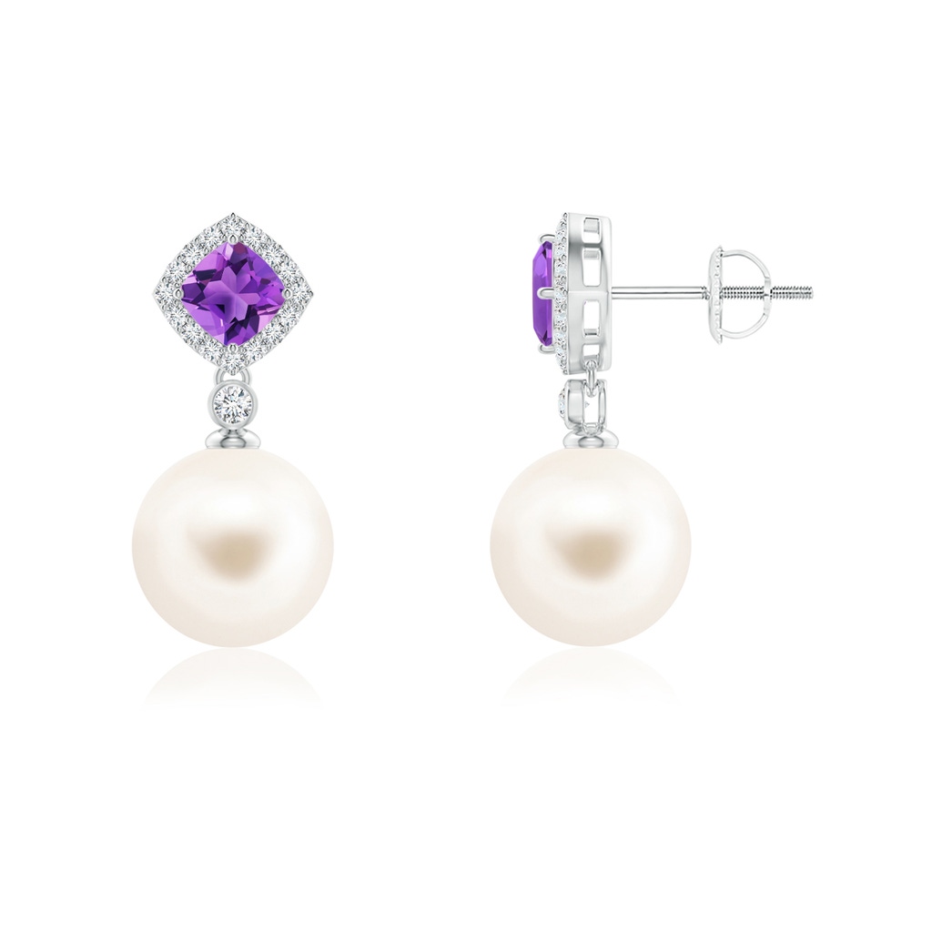 9mm AAA Amethyst & Freshwater Pearl Dangle Earrings in White Gold