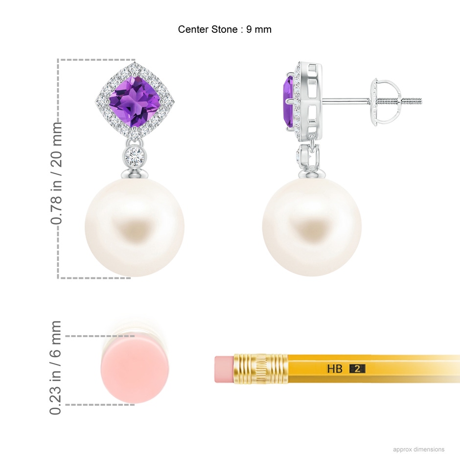 9mm AAA Amethyst & Freshwater Pearl Dangle Earrings in White Gold ruler