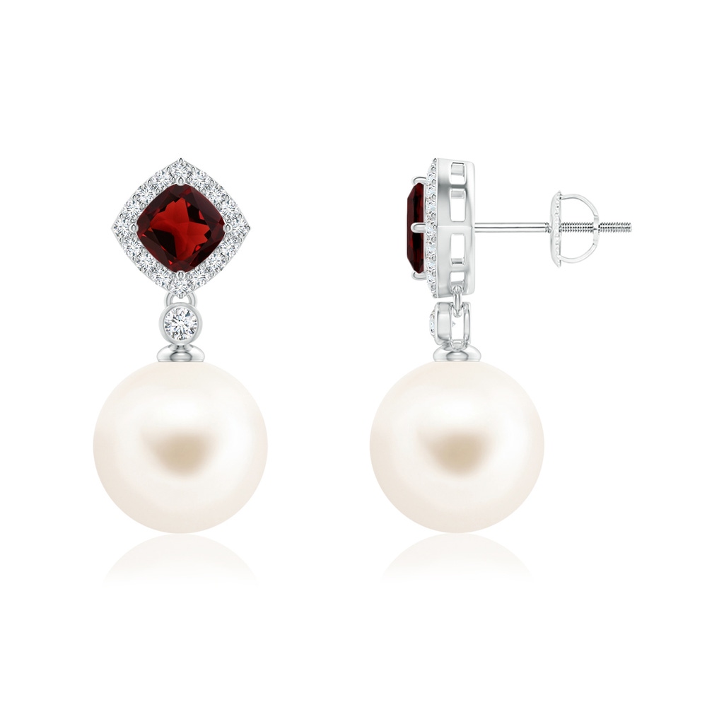 10mm AAA Garnet & Freshwater Pearl Dangle Earrings in White Gold