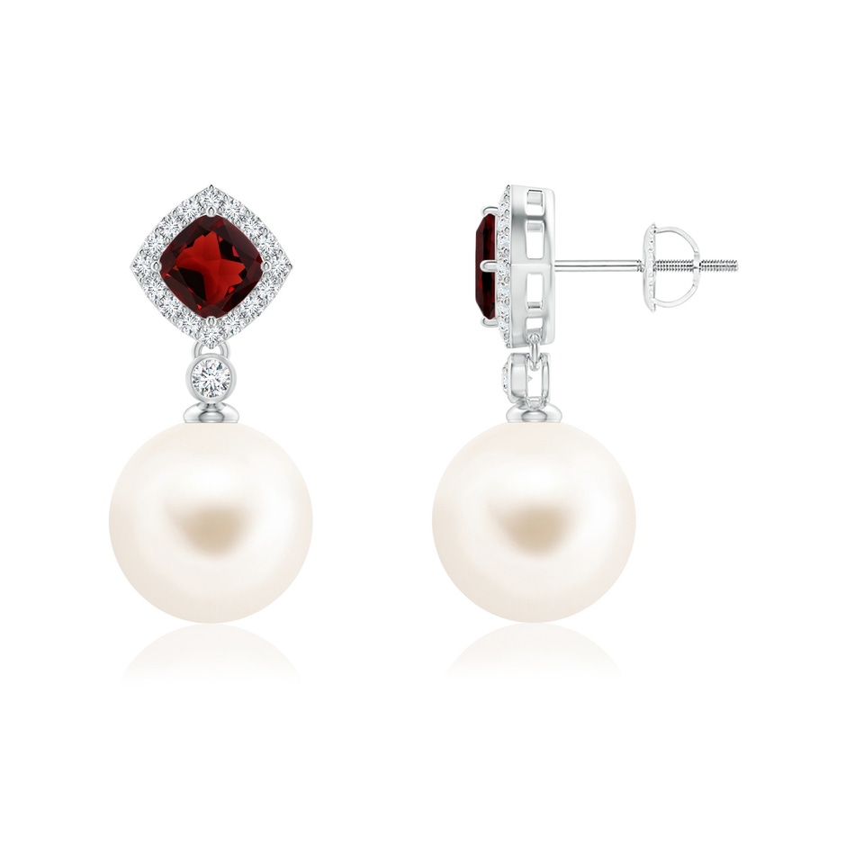 10mm AAA Garnet & Freshwater Pearl Dangle Earrings in White Gold 