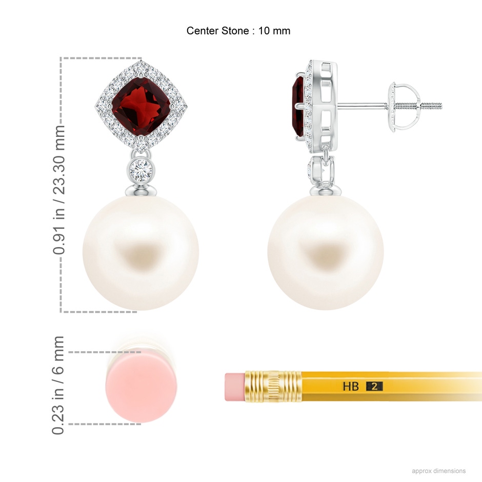 10mm AAA Garnet & Freshwater Pearl Dangle Earrings in White Gold ruler