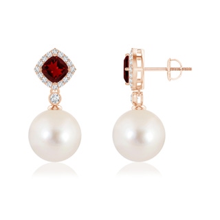 10mm AAAA Garnet & Freshwater Pearl Dangle Earrings in Rose Gold