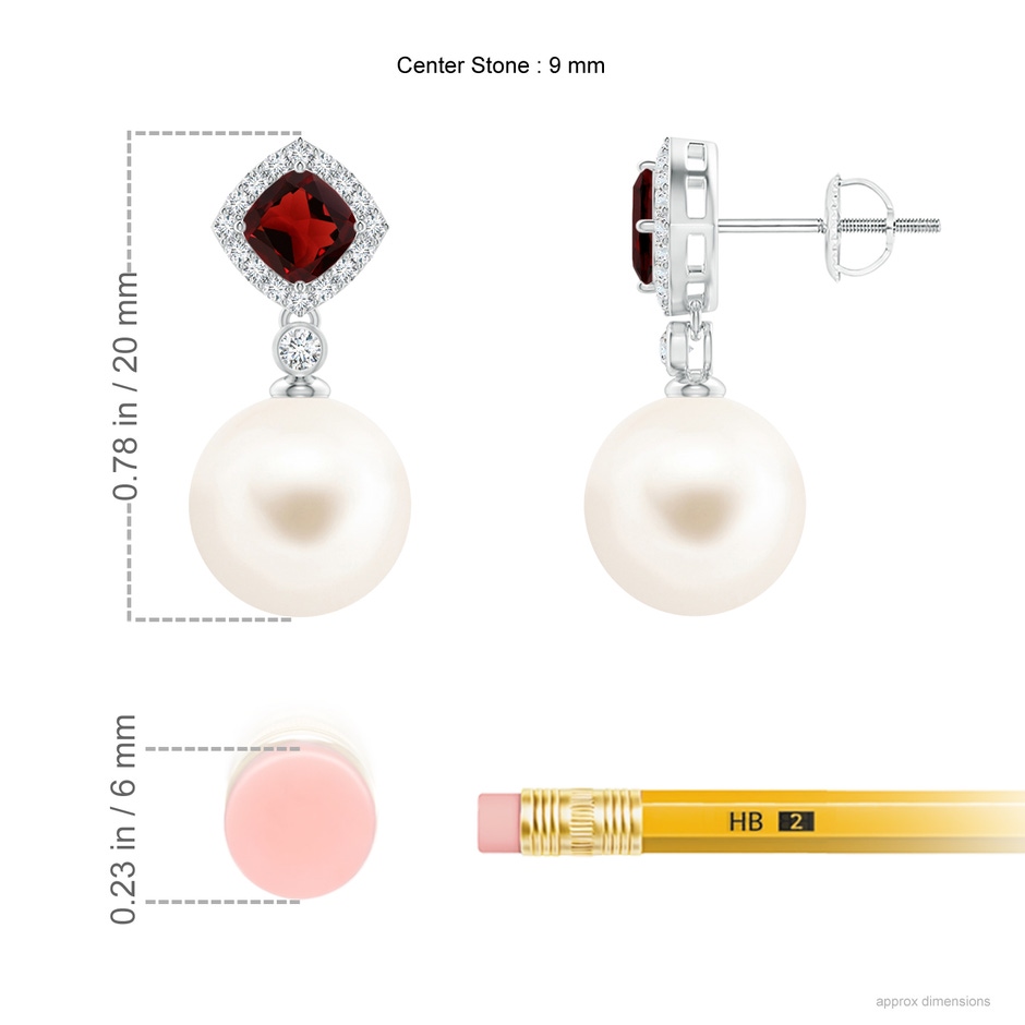 9mm AAA Garnet & Freshwater Pearl Dangle Earrings in White Gold ruler