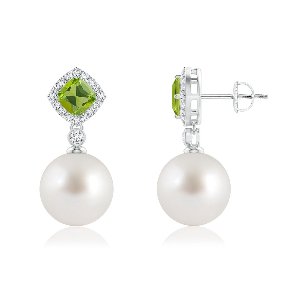 10mm AAA Peridot & South Sea Pearl Dangle Earrings in White Gold