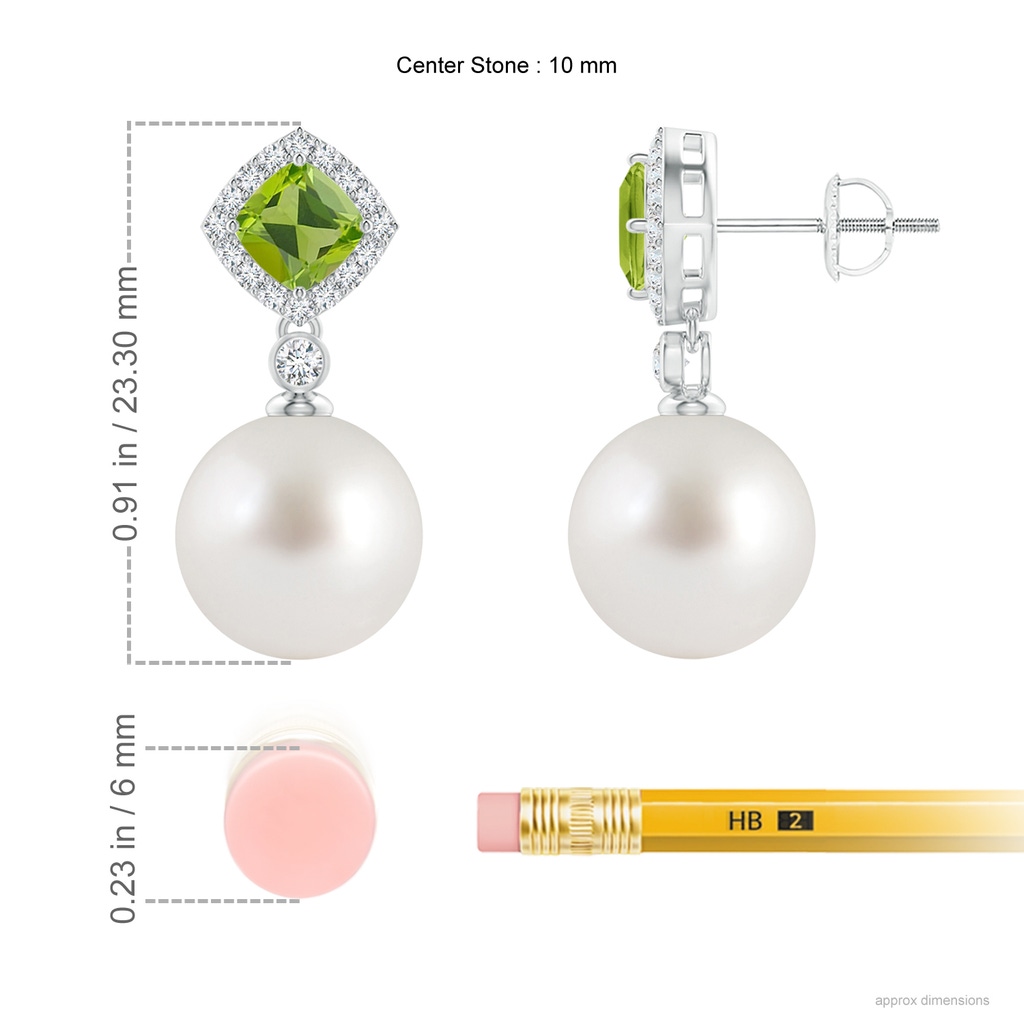 10mm AAA Peridot & South Sea Pearl Dangle Earrings in White Gold Ruler