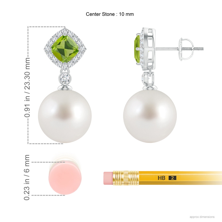 10mm AAA Peridot & South Sea Pearl Dangle Earrings in White Gold ruler