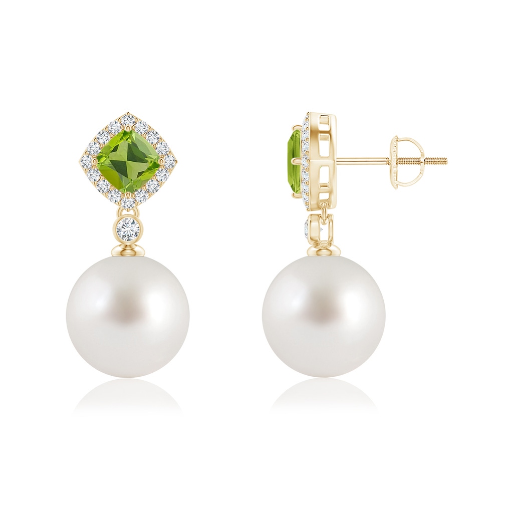 10mm AAA Peridot & South Sea Pearl Dangle Earrings in Yellow Gold