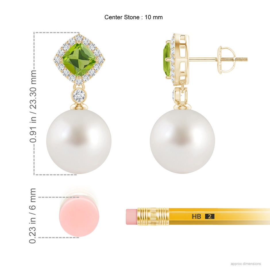 10mm AAA Peridot & South Sea Pearl Dangle Earrings in Yellow Gold ruler