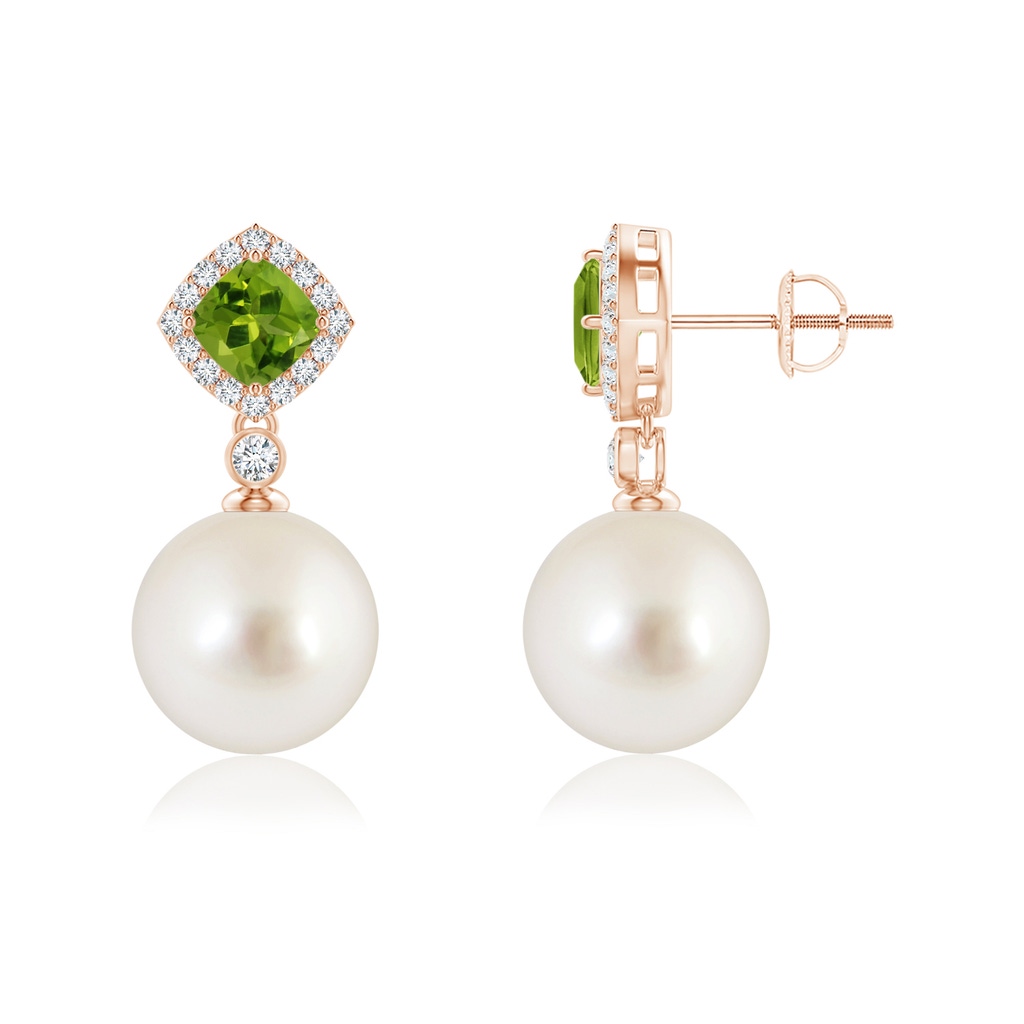 10mm AAAA Peridot & South Sea Pearl Dangle Earrings in Rose Gold