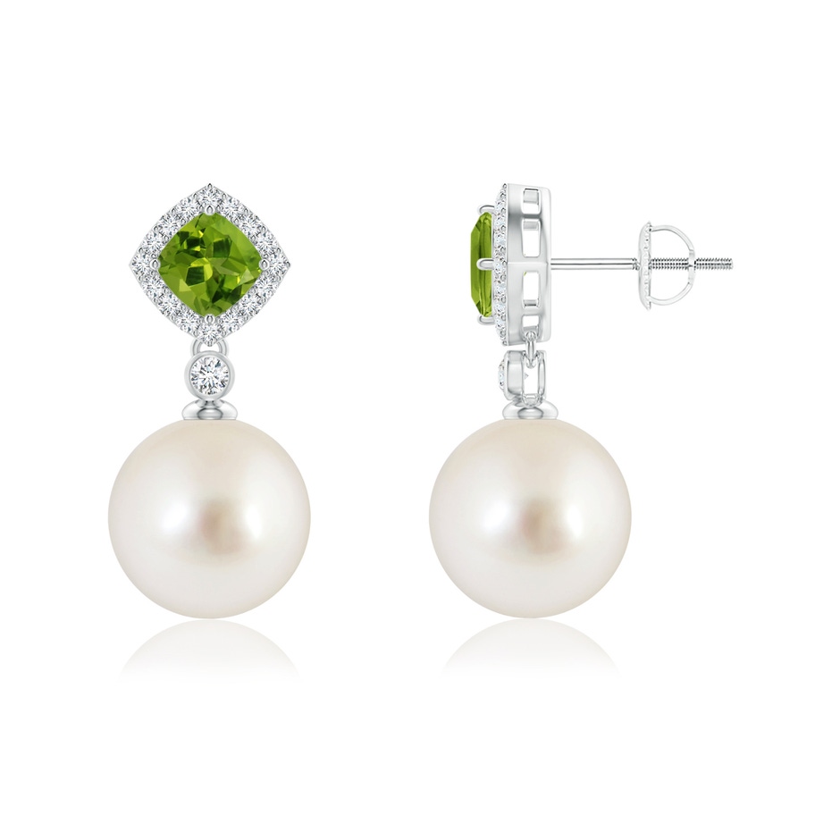 10mm AAAA Peridot & South Sea Pearl Dangle Earrings in White Gold 