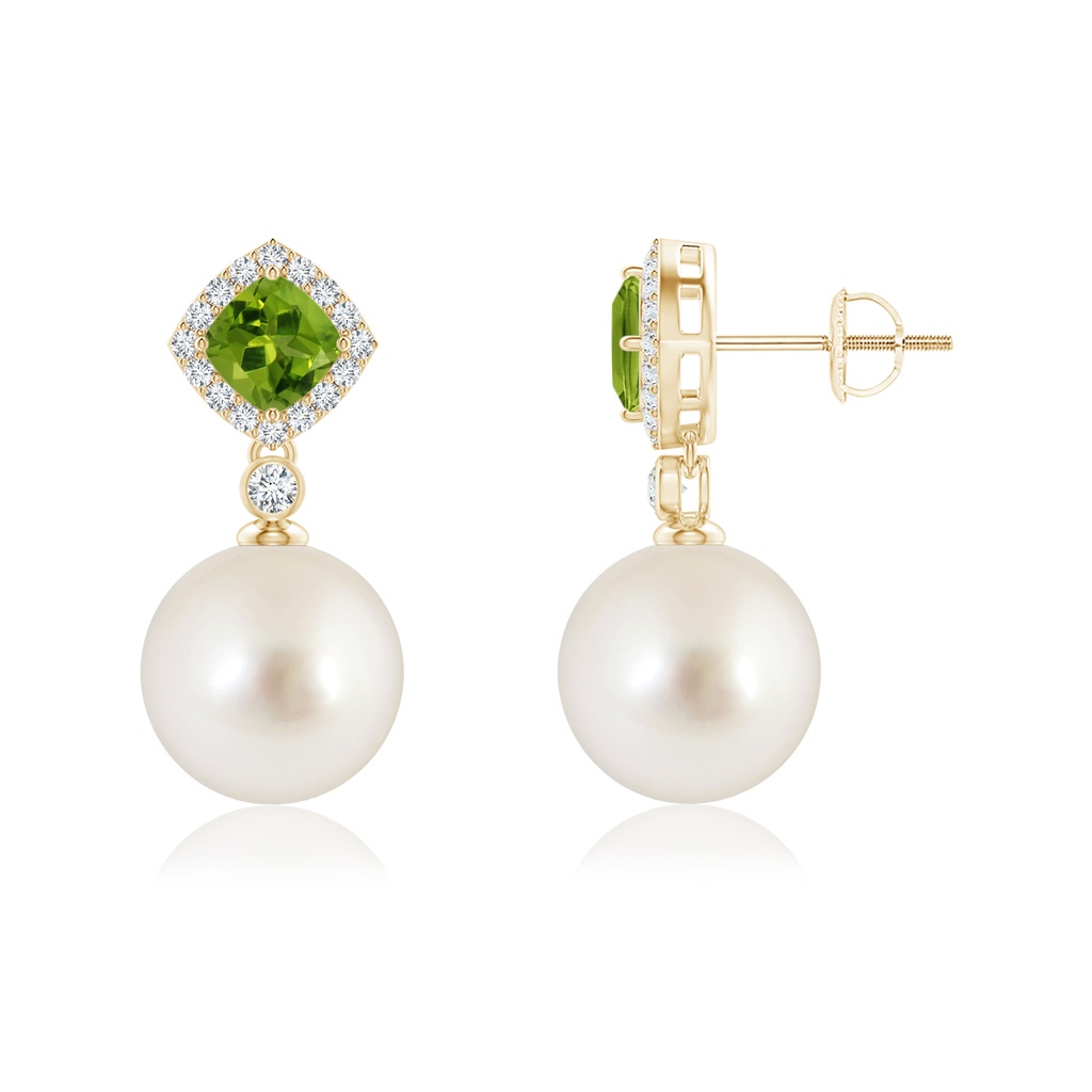 10mm AAAA Peridot & South Sea Pearl Dangle Earrings in Yellow Gold