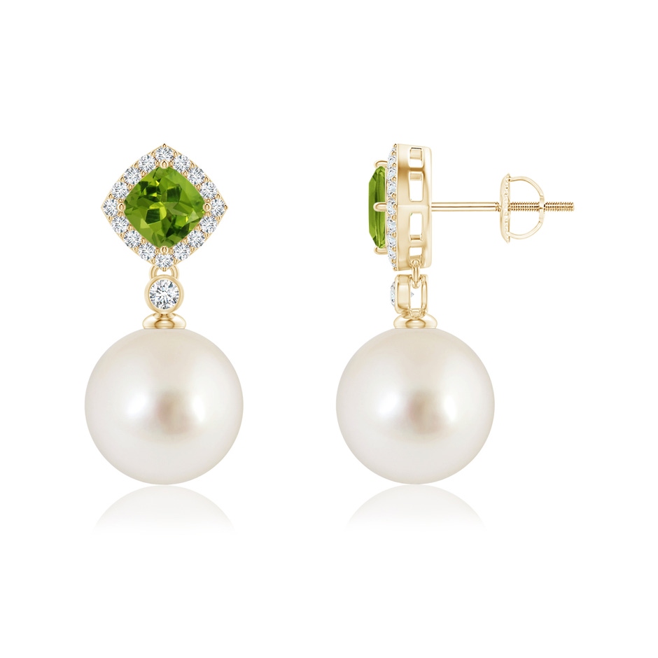 10mm AAAA Peridot & South Sea Pearl Dangle Earrings in Yellow Gold 