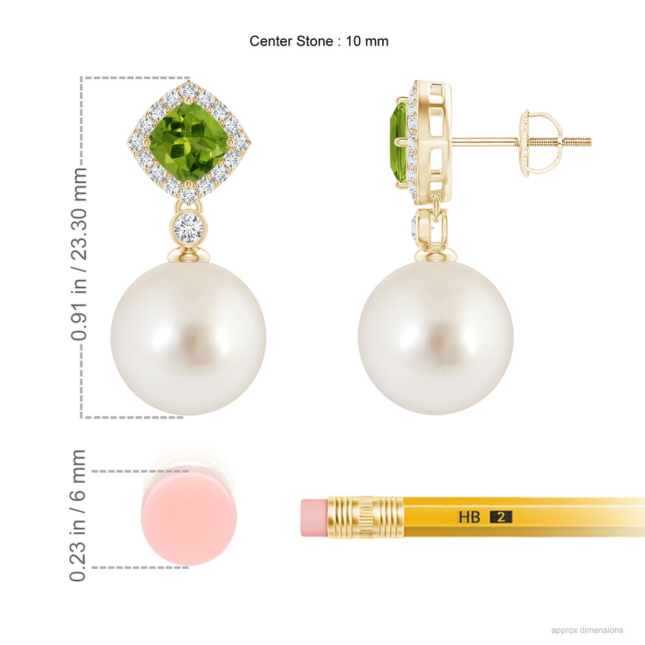 10mm AAAA Peridot & South Sea Pearl Dangle Earrings in Yellow Gold ruler