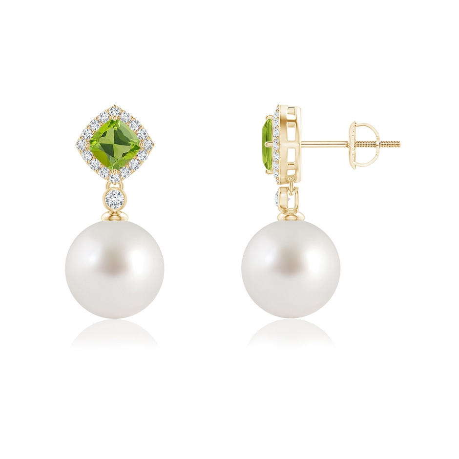 9mm AAA Peridot & South Sea Pearl Dangle Earrings in Yellow Gold 