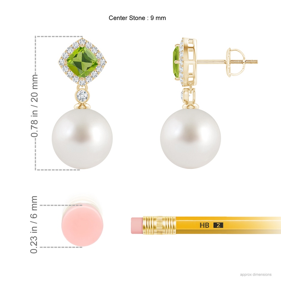9mm AAA Peridot & South Sea Pearl Dangle Earrings in Yellow Gold ruler