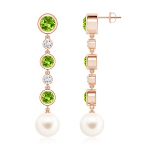 10mm AAA Freshwater Pearl & Peridot Long Drop Earrings in Rose Gold