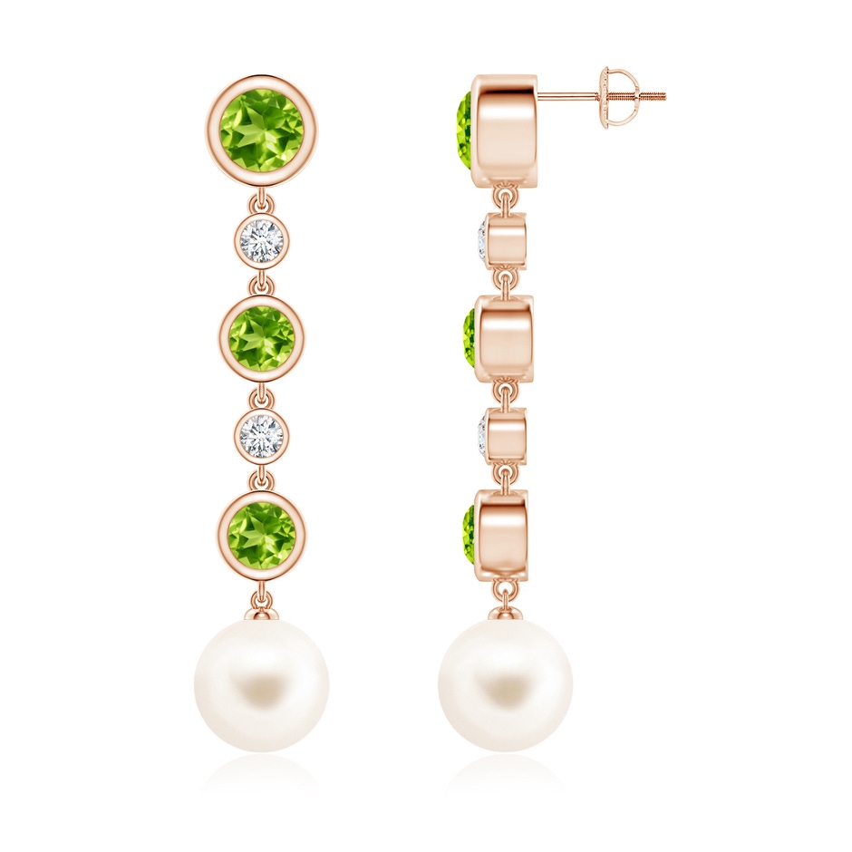 10mm AAA Freshwater Pearl & Peridot Long Drop Earrings in Rose Gold 