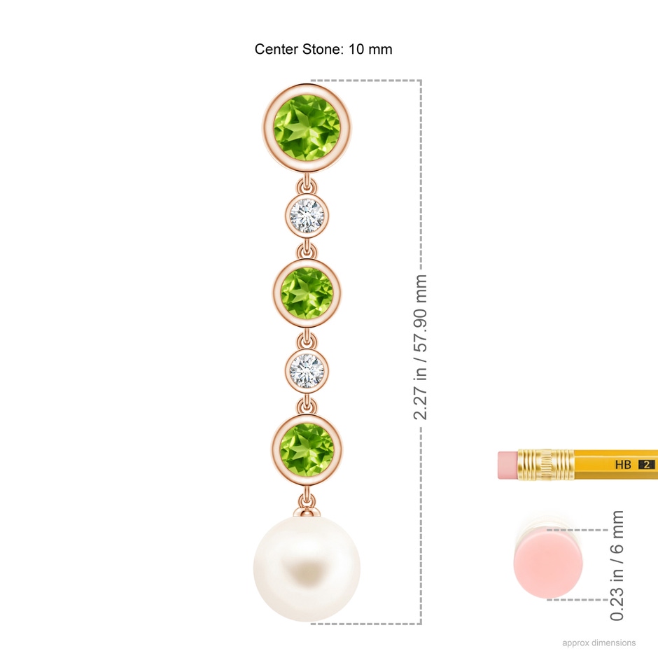 10mm AAA Freshwater Pearl & Peridot Long Drop Earrings in Rose Gold ruler