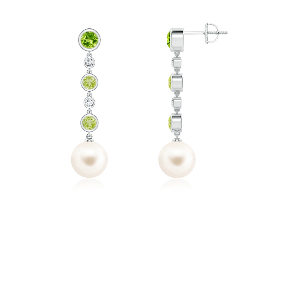 8mm AAA Freshwater Pearl & Peridot Long Drop Earrings in White Gold 