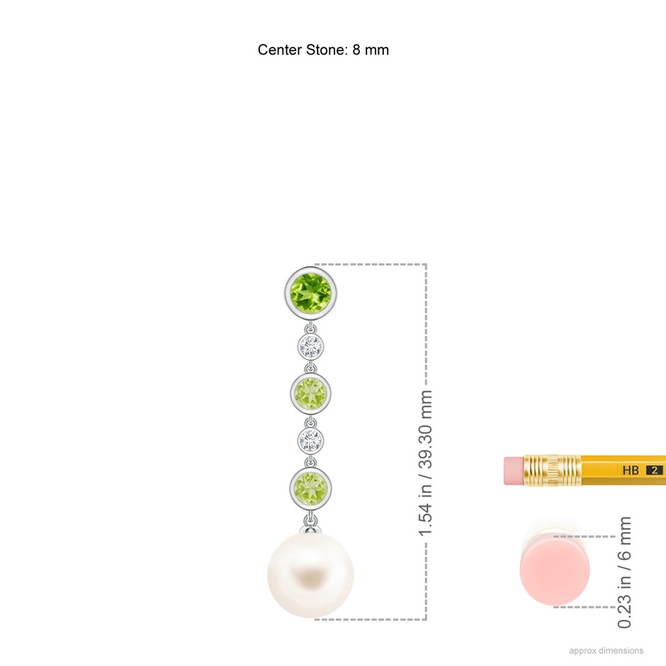 8mm AAA Freshwater Pearl & Peridot Long Drop Earrings in White Gold ruler