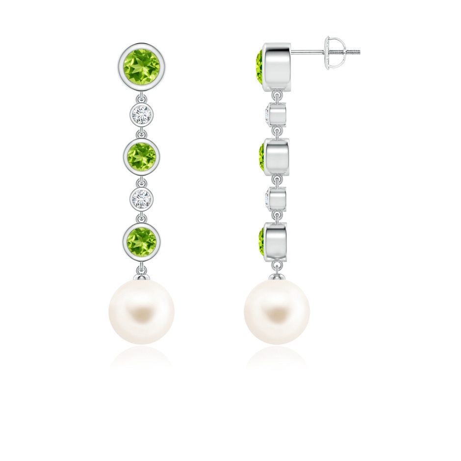 9mm AAA Freshwater Pearl & Peridot Long Drop Earrings in White Gold 