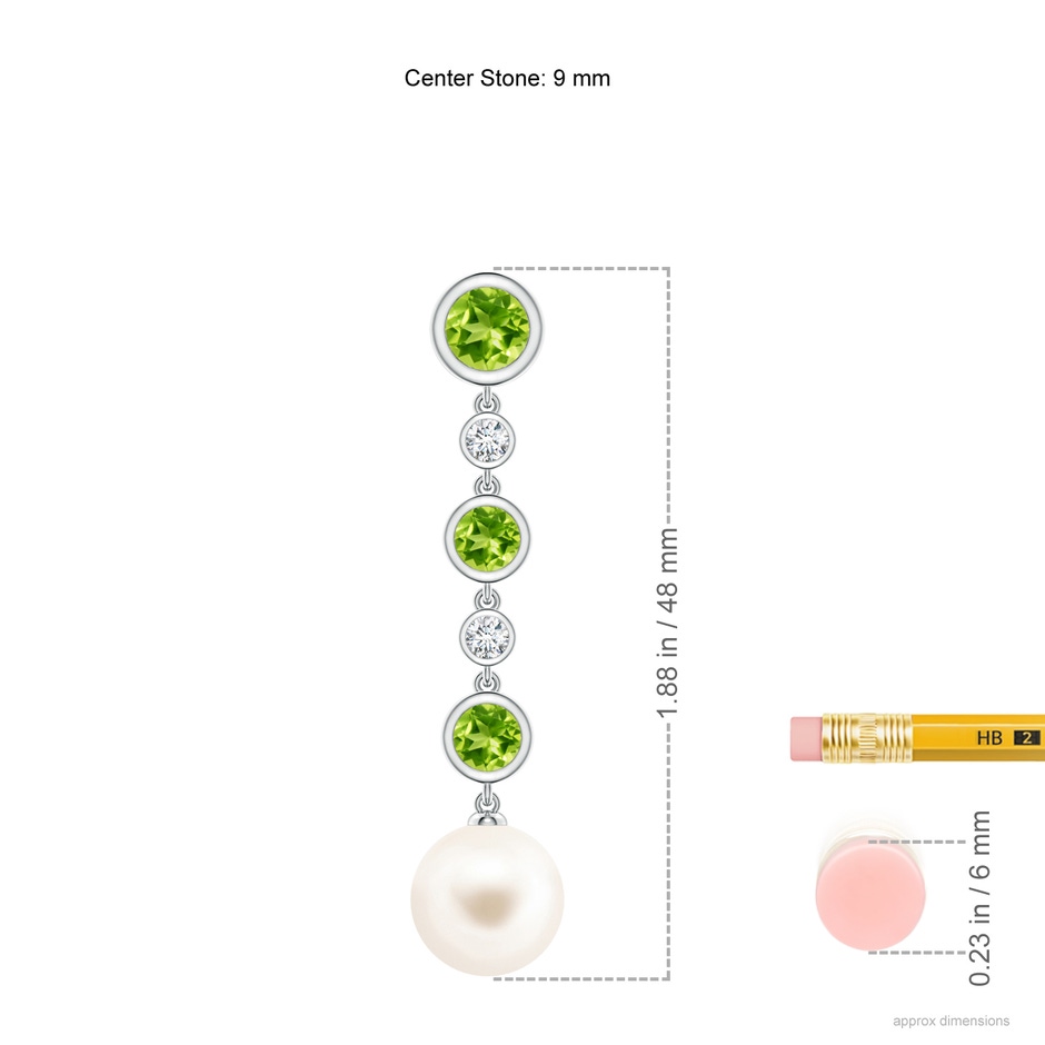 9mm AAA Freshwater Pearl & Peridot Long Drop Earrings in White Gold Ruler