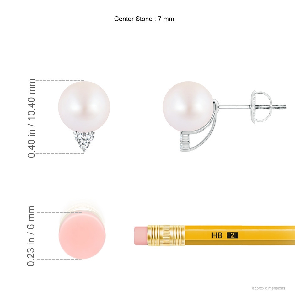 7mm AA Japanese Akoya Pearl Earrings with Diamond Trio in White Gold ruler