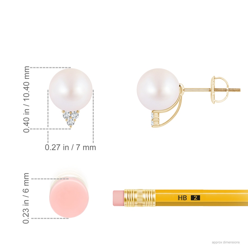 7mm AA Japanese Akoya Pearl Earrings with Diamond Trio in Yellow Gold ruler