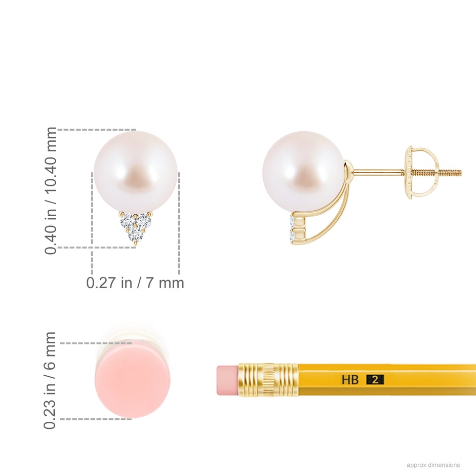 7mm AAA Japanese Akoya Pearl Earrings with Diamond Trio in Yellow Gold ruler