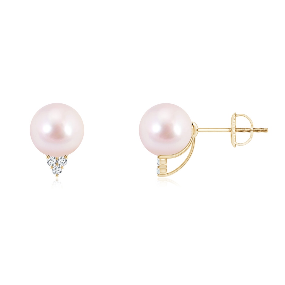 7mm AAAA Japanese Akoya Pearl Earrings with Diamond Trio in Yellow Gold 