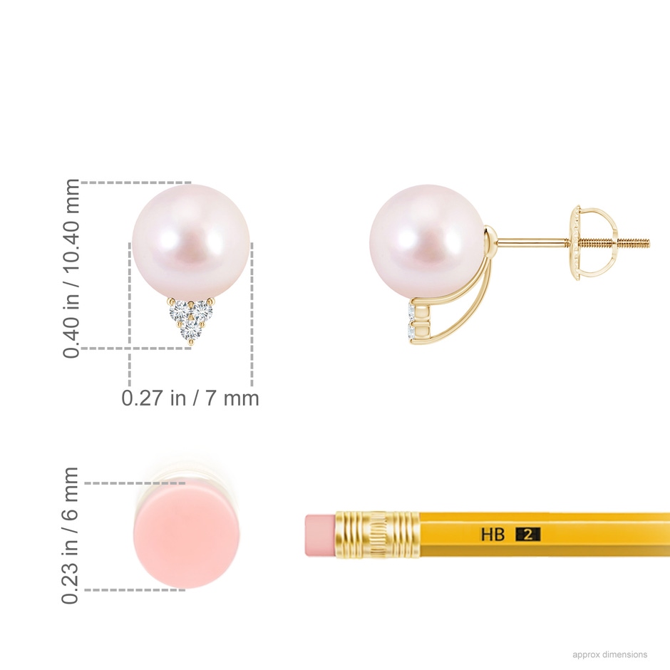 7mm AAAA Japanese Akoya Pearl Earrings with Diamond Trio in Yellow Gold ruler