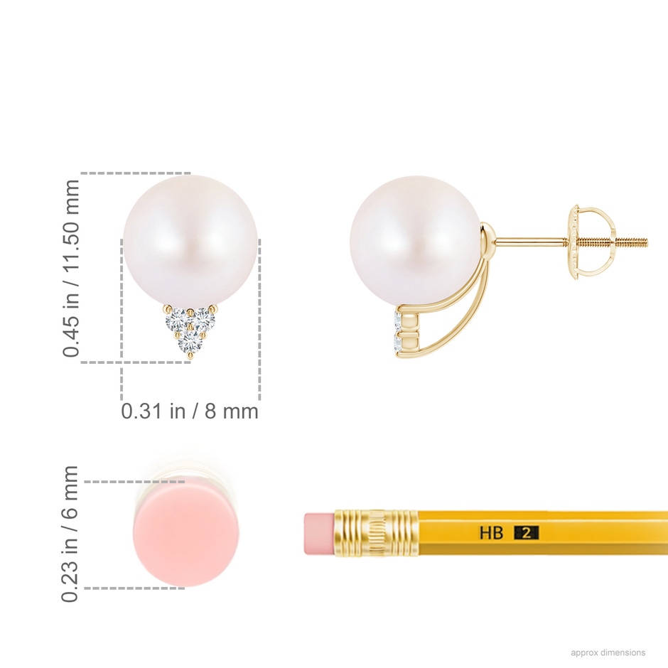 8mm AA Japanese Akoya Pearl Earrings with Diamond Trio in Yellow Gold ruler