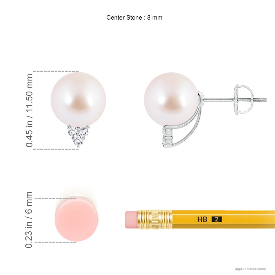 8mm AAA Japanese Akoya Pearl Earrings with Diamond Trio in P950 Platinum ruler