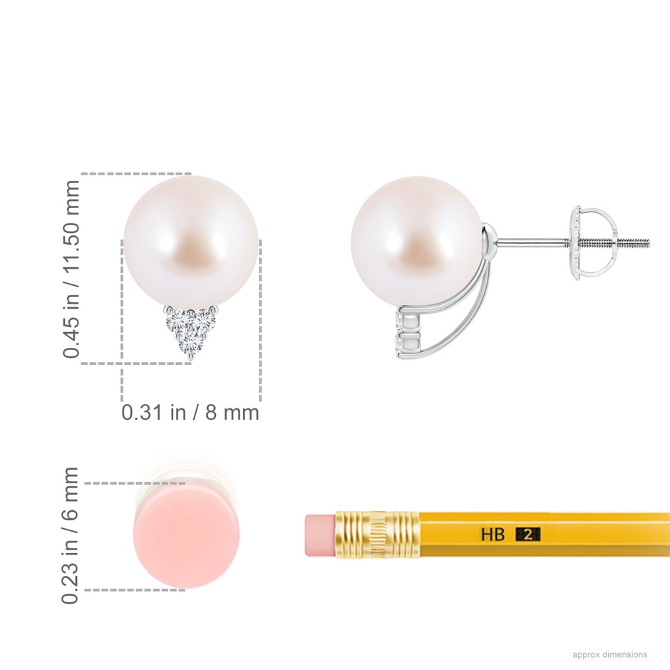 8mm AAA Japanese Akoya Pearl Earrings with Diamond Trio in White Gold ruler
