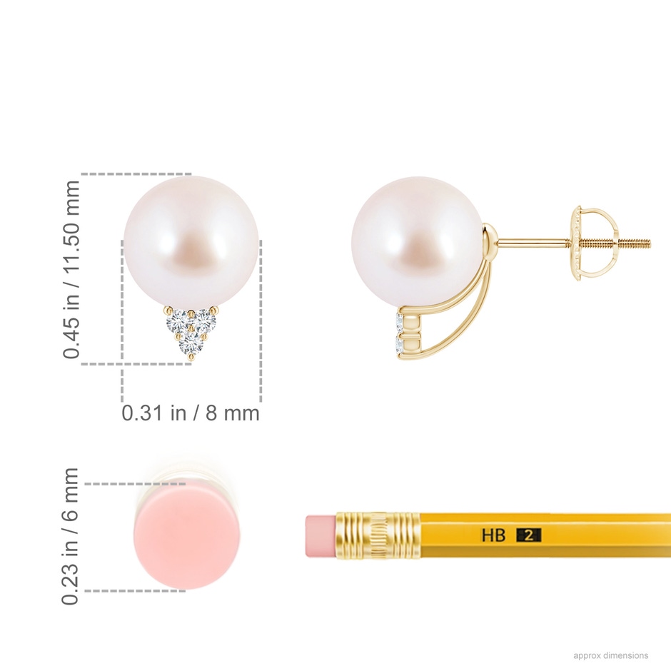 8mm AAA Japanese Akoya Pearl Earrings with Diamond Trio in Yellow Gold ruler