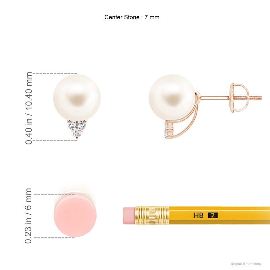 7mm AAA Freshwater Pearl Earrings with Diamond Trio in Rose Gold ruler