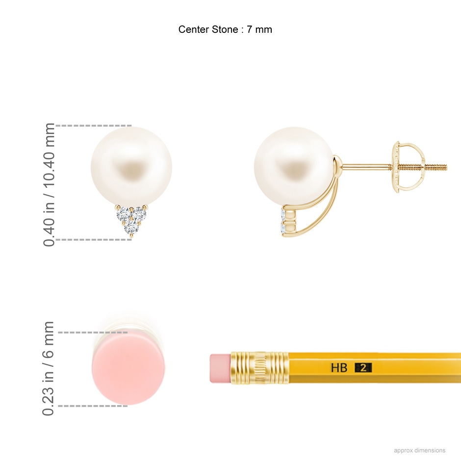 7mm AAA Freshwater Pearl Earrings with Diamond Trio in Yellow Gold ruler